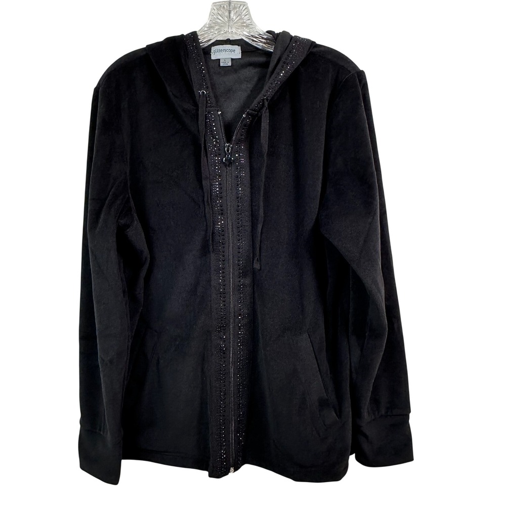 Glitterscape Black Velour Rhinestone Zip Up Hoodie Heart Zipper Pull Large
